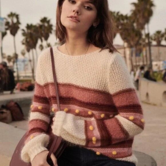 EUC Sezane Penelope Pom Pom Mohair Merino Wool Blend Sweater in Cream & Pink S - Picture 4 of 12
